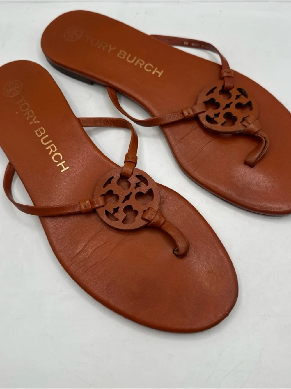 Tory Burch‎ Rust Brown Leather Logo Thong Sandals Sz 9